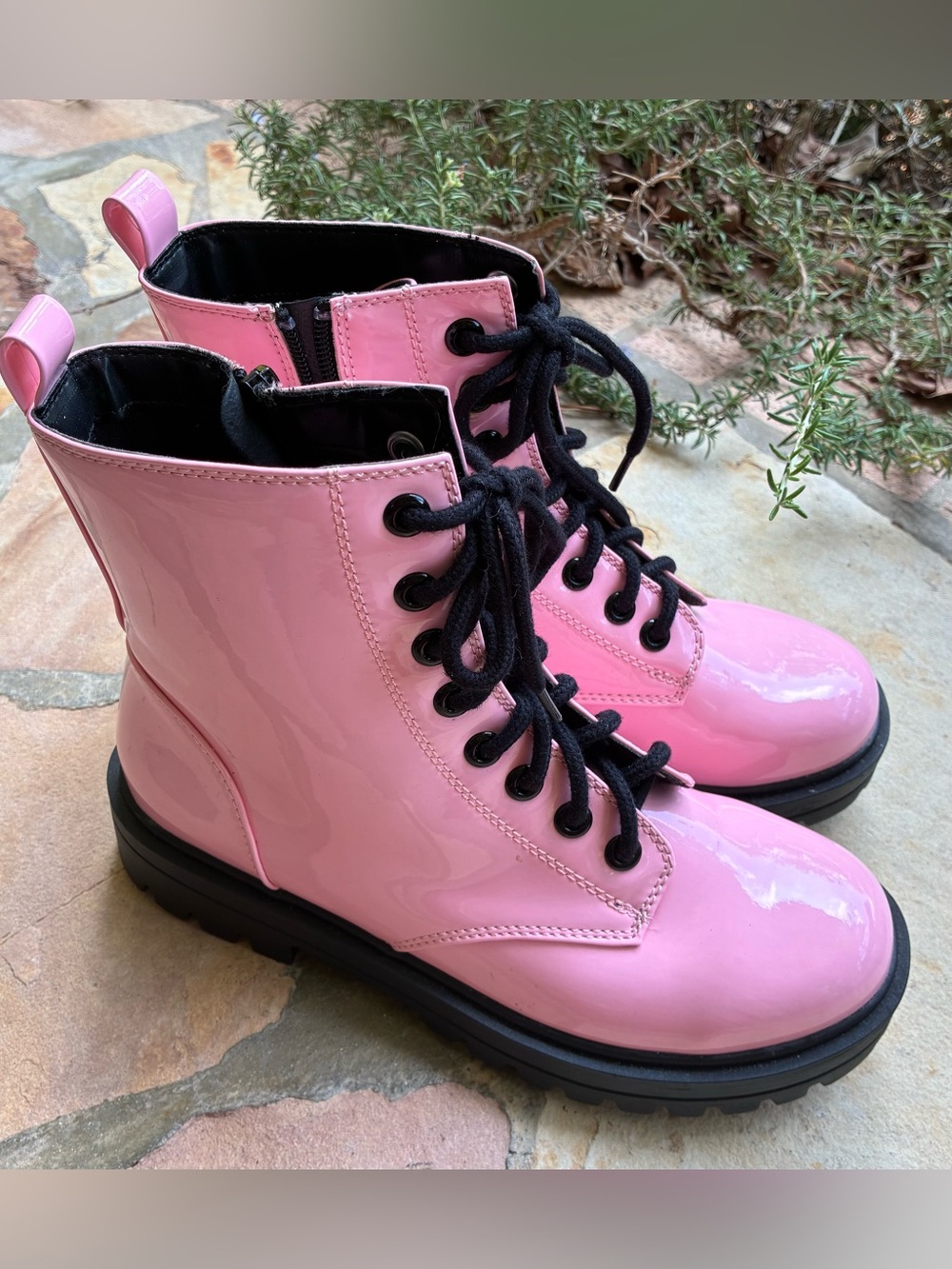 SHEIN Pink Patent Lace-Up Combat Boots with Black Laces